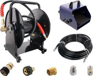 Scheiffer Sewer Jetting Kit - Foot Control Valve Hose Reel 1/4" x 150' Sewer Jetting Hose Button Nose and Rotating Nozzles