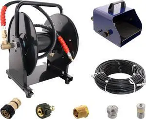 Scheiffer Sewer Jetting Kit - Foot Control Valve Hose Reel 1/8" x 200' Sewer Jetting Hose Button Nose and Rotating Nozzles