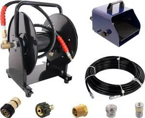 Scheiffer Sewer Jetting Kit - Foot Control Valve Hose Reel 1/8" x 100' Sewer Jetting Hose Button Nose and Rotating Nozzles