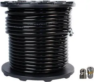 Schieffer 3/8in. x 300ft. 4000 PSI Thermoplastic Sewer Jetter Hose & 8.0 Orifice Button Nose and Rotating Nozzles