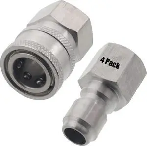 4 Erie Tools Pressure Washer 3/8in. Female NPT Quick Connect Stainless Steel Socket Set and Plug High Temp 4000 PSI 10.5 GPM