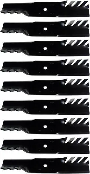 USA Mower Blades (9) CMB185BP Toothed Extra High Lift Blade Fits Bobcat® 11211102 272254302 32022A WM132022 Length 18 in. Width 3 in. Thickness .250 in. Center Hole 5/8 in. 36 in. and 52 in. Deck