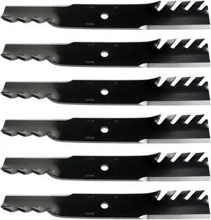 USA Mower Blades (6) MB022BP Toothed High-Lift for Exmark 103-6584-S Toro 105-7779-03 Length 18 in. Width 2-1/2 in. Thickness .203 in. Center Hole 5/8 in. 36 in. 52 in. 54 in. Deck