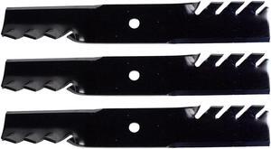 3 USA Mower Blades MB061BP Toothed Medium Lift for Ariens 00273000 04919100 04920600 05244100 Toro 103-2507 Length 16-1/4 in. Width 2-1/2 in. Thickness .204 in. Center Hole 5/8 in. 32 in. 48 in. Deck