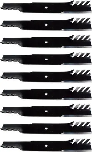 9 USA Mower Blades CMB483BP Toothed High-Lift fit 103-6383 103-6383-S 103-6393 103-6393-S 103-6398 103-6398-S Length 20-1/2 in. Width 3 in. Thickness .250 in. Center Hole 15/16 in. 60 in. Deck