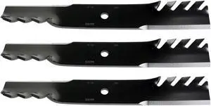 USA Mower Blades (3) MB022BP Toothed High-Lift for Exmark 103-6584-S Toro 105-7779-03 Length 18 in. Width 2-1/2 in. Thickness .203 in. Center Hole 5/8 in. 36 in. 52 in. 54 in. Deck