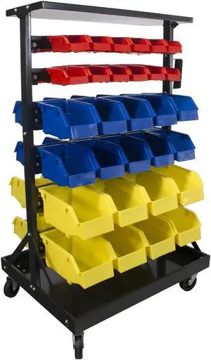 Erie Tools® TLPB04 60 Parts Bin Storage Shelving with Locking Wheels for Shop Garage or Home Storage