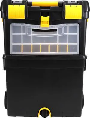 Erie Tools Portable Rolling 2-Tiered Organizer Storage Box with Foldable Auto-Locking Handle and Detachable Storage Compartment for Crafts Toys Fishing Tools