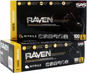 SAS Safety 66518 Raven Powder-Free Black Nitrile 6 Mil Gloves, Large, 2 Pack