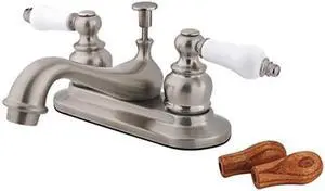 Kingston Brass GKB608B Water Saving Restoration Centerset Lavatory Faucet with Ceramic & Oak Handles, Satin Nickel