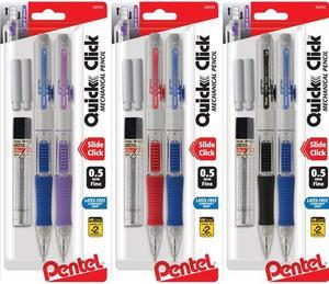 Pentel of America PD215LEBP2 Quick Click Mechanical with Lead & Eraser Pencil, Asstorted Colors - 0.5 mm