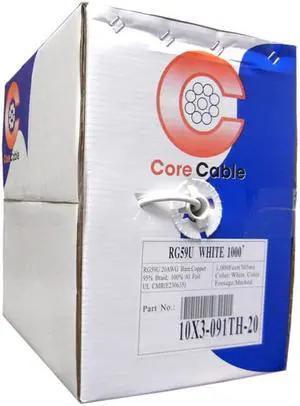 Bulk RG59/U Coaxial Cable, 20 AWG, Solid Core, Copper, Pullbox, 1000 foot - White