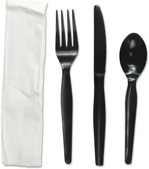 Boardwalk FKTNHWPSBLA Four-Piece Cutlery Kit, Fork / Knife / Napkin / Teaspoon, Heavyweight, Black, 250 / Carton