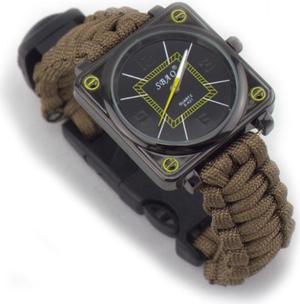 5 in 1 Multifunctional Outdoor Adjustable Watch,Survival Bracelet with Watch Compass Flint Fire Starter Scraper Whistle Gear Kits (Brown)