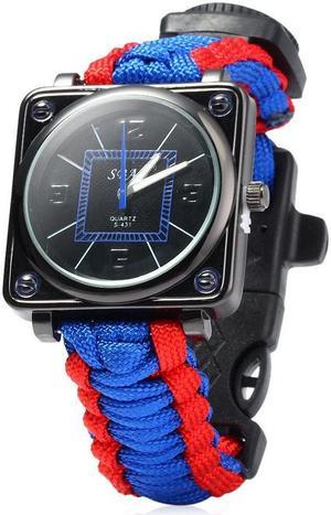 5 in 1 Multifunctional Outdoor Adjustable Watch,Survival Bracelet with Watch Compass Flint Fire Starter Scraper Whistle Gear Kits (Red/Blue)