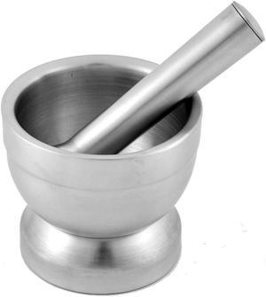 Super thick Double Stainless Steel Garlic Pounder WITH Leak Proof Cover Mortar Pot Mortar Pestle Set Silver Tone (Large)