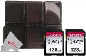 Two Pack Transcend SDXC 128GB UHS -I U3 300s V30 Class 10 95MB/s with Card Holder