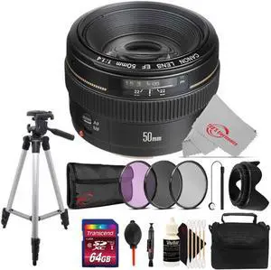 Canon EF 50mm f/1.4 USM Lens + 58mm Filter Kit + Tulip Lens Hood + 64GB Memory Card + Lens Pen + Dust Blower + Lens Cap Holder + Case + Tall Tripod + 3pc Cleaning Kit