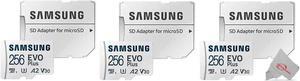 3x Samsung EVO Plus MicroSD 256GB, 130MBs Memory Card with Adapter