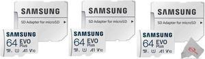 3x Samsung 64GB EVO Plus UHS-I microSDXC Memory Card with SD Adapter