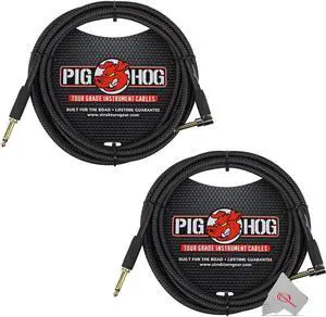 Pig Hog Black Woven Tour Grade Instrument Cable 1/4" to 1/4" Right Angle 10ft , PCH10BKR - 2 Units