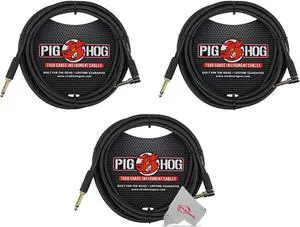 Pig Hog Black Woven Tour Grade Instrument Cable 1/4" to 1/4" Right Angle 10ft , PCH10BKR - 3 Units