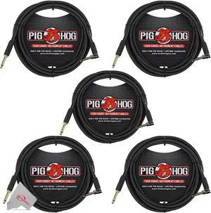 Pig Hog Black Woven Tour Grade Instrument Cable 1/4" to 1/4" Right Angle 10ft , PCH10BKR - 5 Units