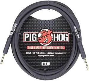 Pig Hog Tour Grade 10ft Instrument Cable 1/4 Inch to 1/4 Inch Straight Connectors Black - PH10