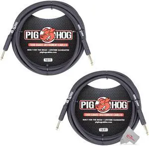 Pig Hog Tour Grade 10ft Instrument Cable 1/4 Inch to 1/4 Inch Straight Connectors Black - PH10 - 2 Units