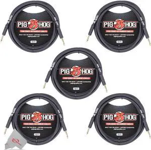 Pig Hog Tour Grade 10ft Instrument Cable 1/4 Inch to 1/4 Inch Straight Connectors Black - PH10 - 5 Units