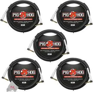 Pig Hog Tour Grade 6 ft Instrument Cable 1/4 Inch to 1/4 Inch Right Angle Connectors - PH6RR - 5 Units