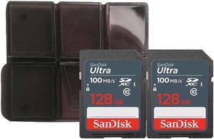 2x Sandisk Ultra 128 GB SDXC UHS-I Memory Card 100 MBs with Memory Card Holder