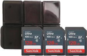 3x Sandisk Ultra 128 GB SDXC UHS-I Memory Card 100 MBs with Memory Card Holder