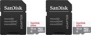 2 Packs SanDisk 16GB Ultra UHSI microSDHC Memory Card with SD Adapter
