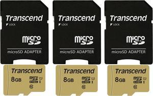 3 Packs Transcend 8GB UHS-1 Class 10 micro SD 500S Read up to 95MB/s Built with MLC Flash Memory Card with SD Adapter