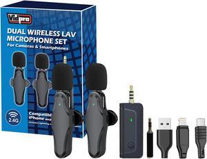 Vidpro Dual Wireless Lavelier Microphone Set 60 ft Range 2.4GHz Crystal Clear Audio 3.5mm Plug TTRS Lightening and USB-C Adapter for Cameras, iPhone Samsung Smartphones