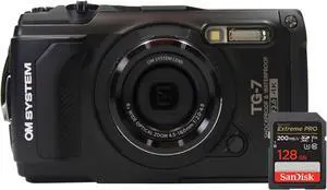 OM SYSTEM Tough TG-7 Digital Camera (Black) with SanDisk Extreme Pro 128GB SDXC Memory Card