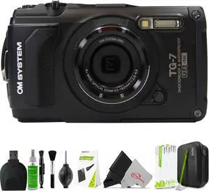 OM SYSTEM Tough TG-7 Digital Camera (Black) with Memory Card Reader and Cleaning Kit