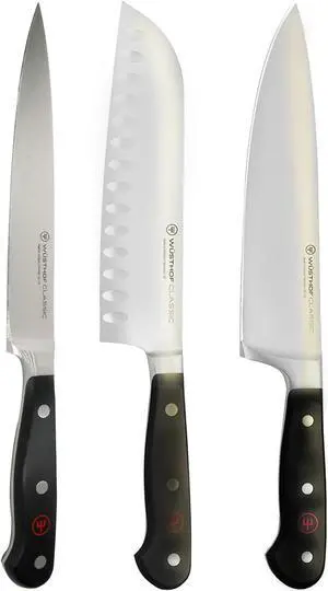 Wusthof Classic 6" Utility Knife with Classic 7" Hollow Edge Santoku Kitchen Knife and Classic 8" Chef's Knife