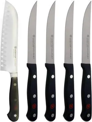 Wusthof Gourmet 4-Piece Steak Knife Set - 1125060403 with Wusthof Classic 7" Hollow Edge Santoku Kitchen Knife