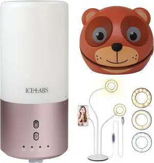 Vivitar All She Needs Accessory Bundle Gift Set for Mom with RoseGold Essential Oils Aroma Diffuser, Adorable Mini Charachter Speaker + Tabletop Phone Cradle with LED Lights for Makeup Application