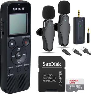 Sony ICDPX370 Digital Voice Recorder with Vidpro 2Person Wireless Lavalier Microphone Set and SanDisk 128GB Ultra UHSI microSDHC Card w SD Adapter