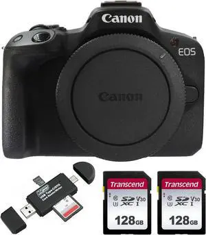 Canon EOS R50 Mirrorless Camera Body with 2x Transcend 128GB SDXC/SDHC 300S Memory Card and USB 2.0 Type-C microSD and SD Card Reader