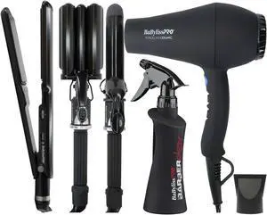 BaByliss Pro Porcelain Ceramic Gift Box (Dryer, Waver, Curling Iron) BPPP7 with Straightening Iron 1½" BP9559UC and 10oz Spray Bottle