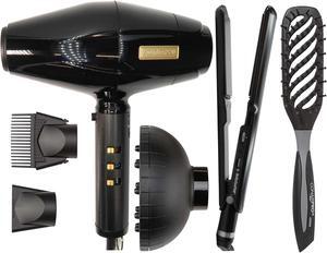 BaByliss Pro BLACKFX High-Performance Turbo Dryer with Porcelain Ceramic Straightening Iron 1½" BP9559UC and Conair Pro Ergo-Grip Vented Brush