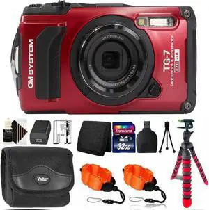 Olympus OM SYSTEM Tough TG-7 Digital Camera (Red) with 32GB Memory Card Accessory Kit