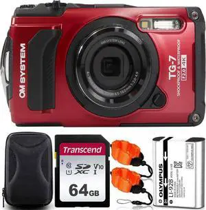 Olympus OM SYSTEM Tough TG-7 Digital Camera (Red) with 64GB Memory Card Accessory Bundle