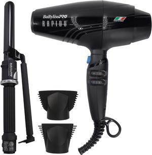 BaByliss Pro Rapido Nano Titanium Italian Performance Lightest Hair Dryer Black BRAP1 with BaByliss Pro Porcelain Ceramic Marcel 1 Curling Iron BP100MUC