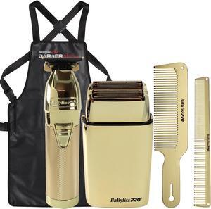 BaByliss Pro LIMITEDFX Collection Trimmer and Double Foil Shaver Gold #FXDUOFS2TG with BaByliss Pro Metal Comb Set 9" and 7.5" Comb Gold + Barber Apron