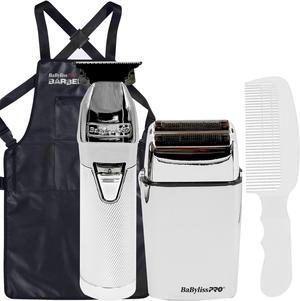 BaByliss Pro LIMITEDFX Collection Limited Edition Trimmer, Double Foil Shaver Silver FXDUOFS2TS with Barber Apron and Flat Top Comb